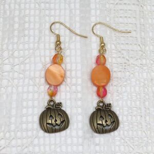 Handmade Halloween Dangle Earrings with Bronze Pumpkins & Orange Beads for Women